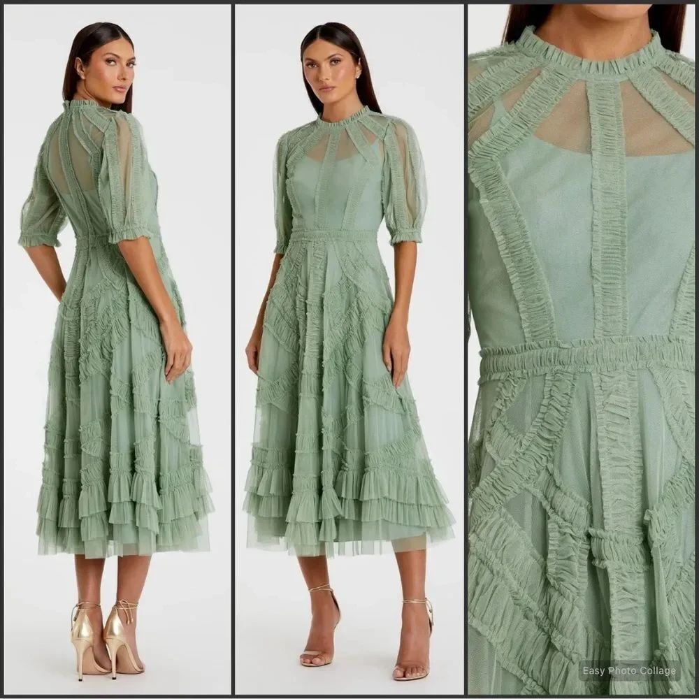MAC DUGGAL 8058 Green High Neck Micro Ruffle Tiered Midi Dress
